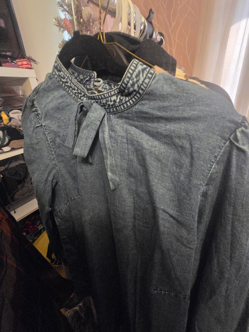 eShakti Washed Blue Denim Shirt with Tie Detail